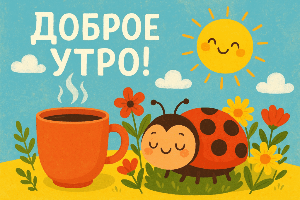 Цветущий сад и надпись "Хорошего дня